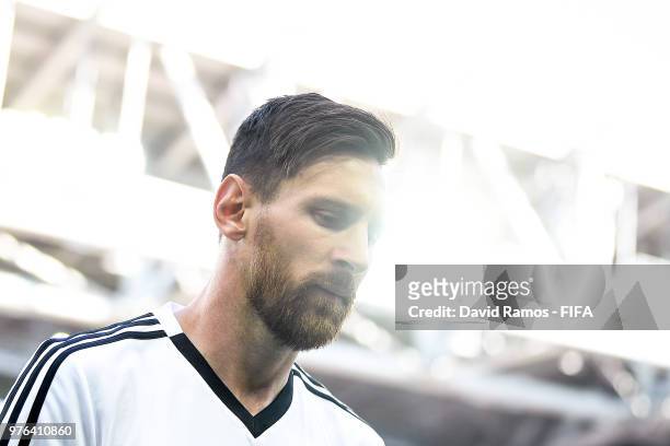 Lionel Messi of Argentina looks on during the warm up prior to the 2018 FIFA World Cup Russia group D match between Argentina and Iceland at Spartak...