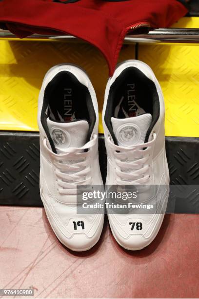 Shoes detail are seen backstage ahead of the Plein Sport show during Milan Men's Fashion Week Spring/Summer 2019 on June 16, 2018 in Milan, Italy.