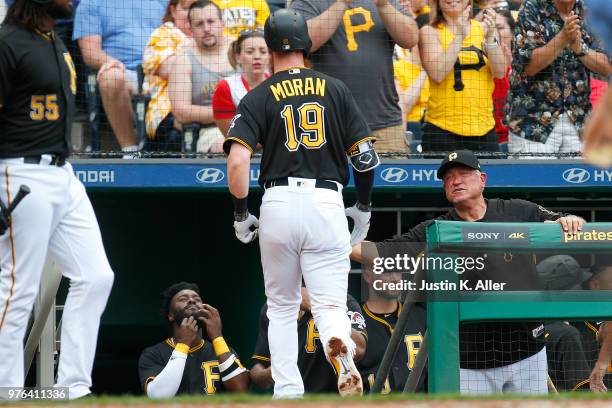 Colin Moran of the Pittsburgh Pirates celebrates with manager Clint Hurdle after hitting a solo home run in the third inning against the Cincinnati...