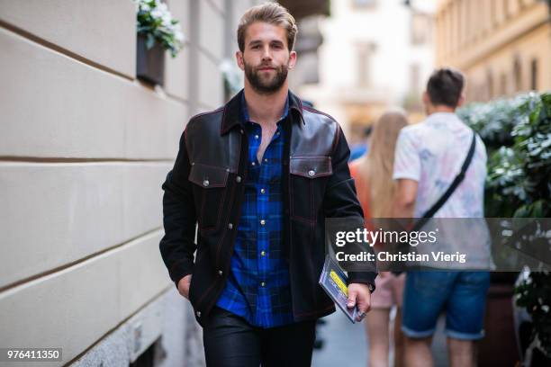 Andre Hamann wearing leather denim jacket is seen outside Versace during Milan Men's Fashion Week Spring/Summer 2019 on June 16, 2018 in Milan, Italy.