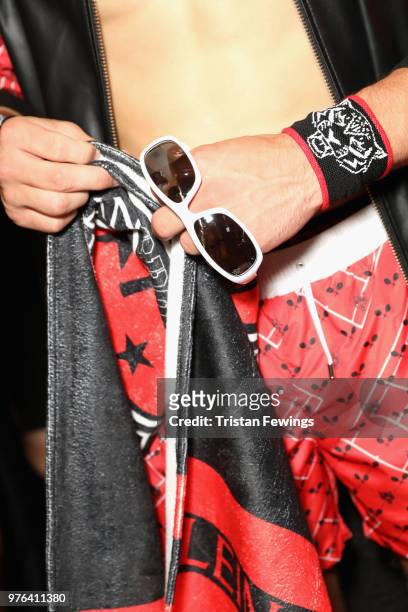 Fashion detail at the backstage ahead of the Plein Sport show during Milan Men's Fashion Week Spring/Summer 2019 on June 16, 2018 in Milan, Italy.