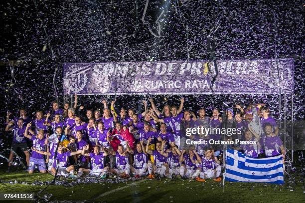 Players of Real Valladolid celebrates the victory of the play off at the end of the La Liga 123 match between Real Valladolid and Club Deportivo...