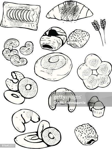 illustrations, cliparts, dessins animés et icônes de industrial boulangerie: ensaimadas, croissant, palmiers, des beignets, des petits pains. - quatre quart