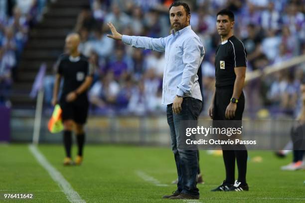 Head coach Sergio Gonzalez of Real Valladolid in action during the La Liga 123 play off match between Real Valladolid and Club Deportivo Numancia at...