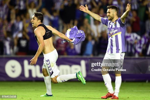 Jaime Mata of Real Valladolid celebrates after scores the goal and the victory of the play off at the end of the La Liga 123 match between Real...