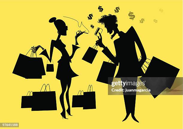 ilustrações, clipart, desenhos animados e ícones de hombre y mujer volviendo de comprar - dinero