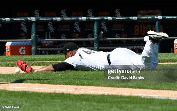 Bruce Rondon of the Chicago White Sox can't catch a bunt single hit by JaCoby Jones of the Detroit Tigers on June 16, 2018 at Guaranteed Rate Field...