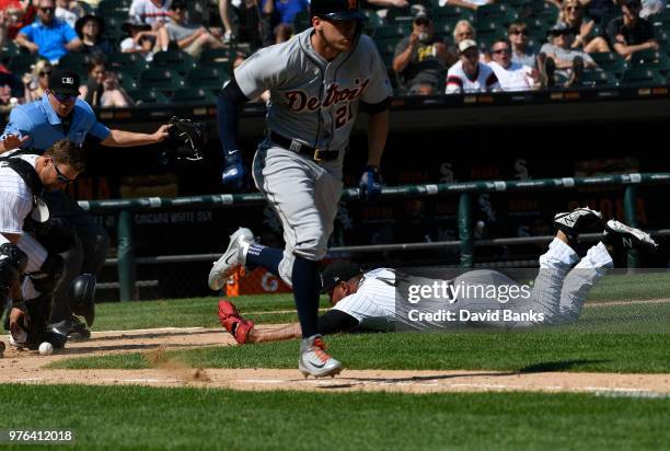 Bruce Rondon of the Chicago White Sox can't catch a bunt single hit by JaCoby Jones of the Detroit Tigers on June 16, 2018 at Guaranteed Rate Field...