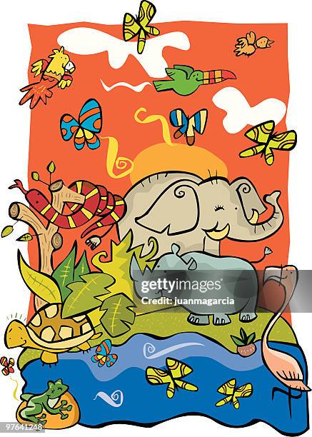 jungle with elephants, snakes, rhinos, birds, etc.. - waterhole stock illustrations