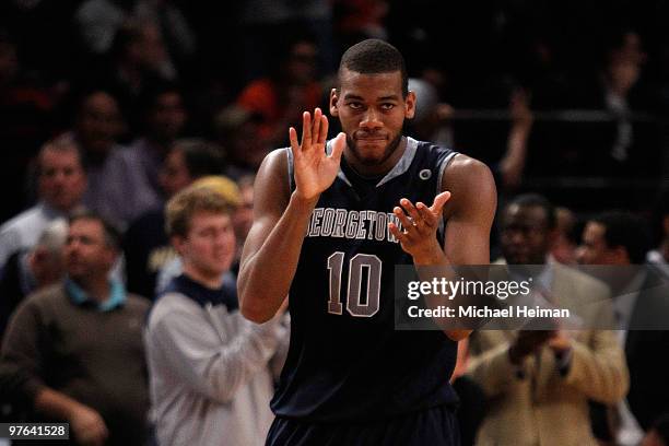 Greg Monroe of the Georgetown Hoyas celebrates after a play late in the game against the Syracuse Orange during the quarterfinal of the 2010 NCAA Big...