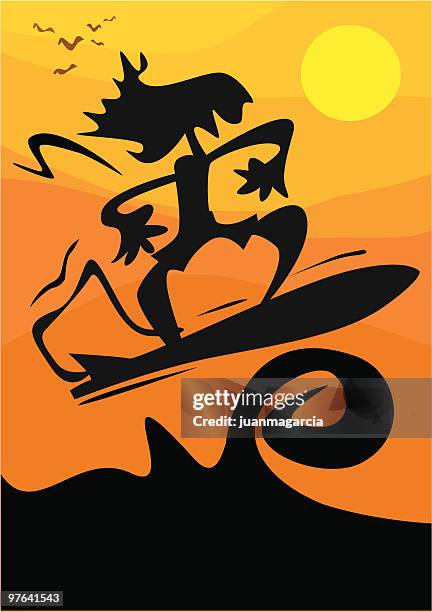 ilustrações de stock, clip art, desenhos animados e ícones de homem surf ao nascer do sol - bodysurf