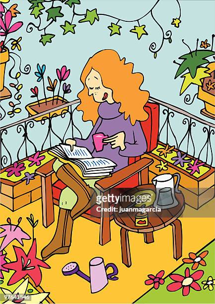 mujer leyendo y tomando un'en su balkon, - mujer stock-grafiken, -clipart, -cartoons und -symbole