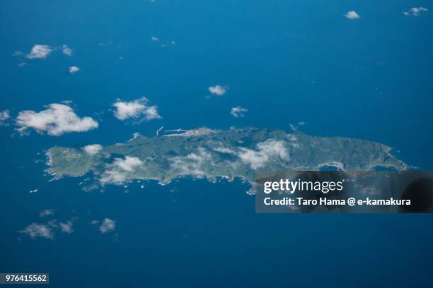 sea of japan and awashima island in niigata prefecture in japan daytime aerial view from airplane - list of islands by highest point stock pictures, royalty-free photos & images