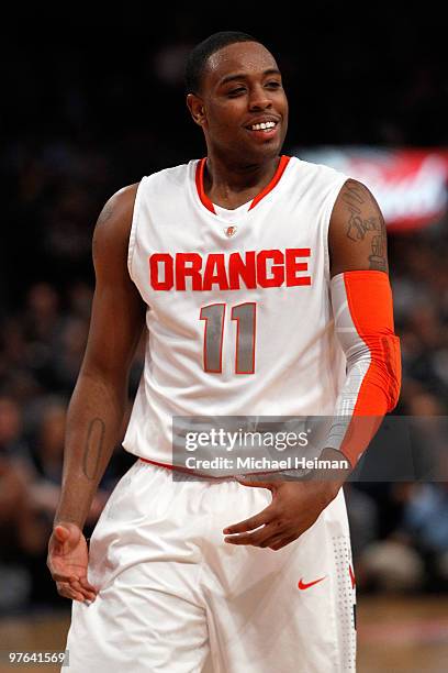 Scoop Jardine of the Syracuse Orange reacts after a call late in the game against the Georgetown Hoyas during the quarterfinal of the 2010 NCAA Big...