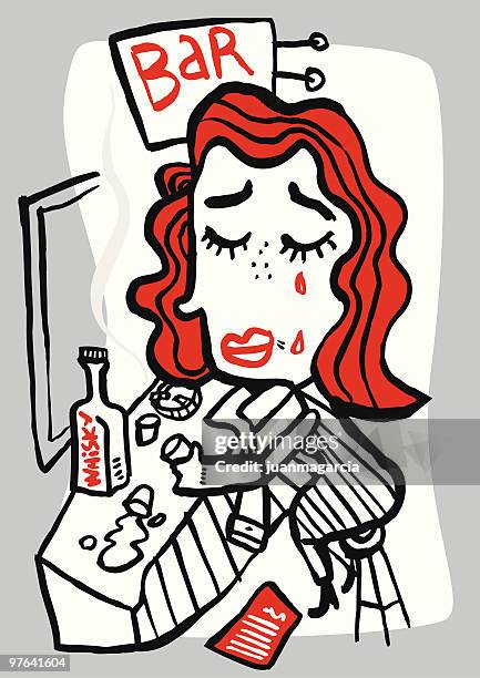 women's sad, crying and getting drunk in a bar - barra bar stock illustrations