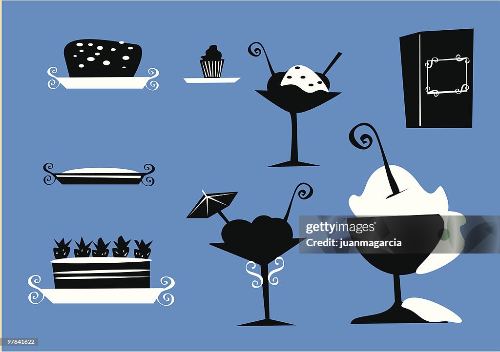 Pastries, cakes, pies, sundaes, silhouettes of food