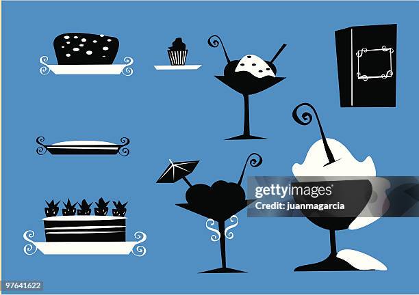 pastries, cakes, pies, sundaes, silhouettes of food - bombe stock illustrations
