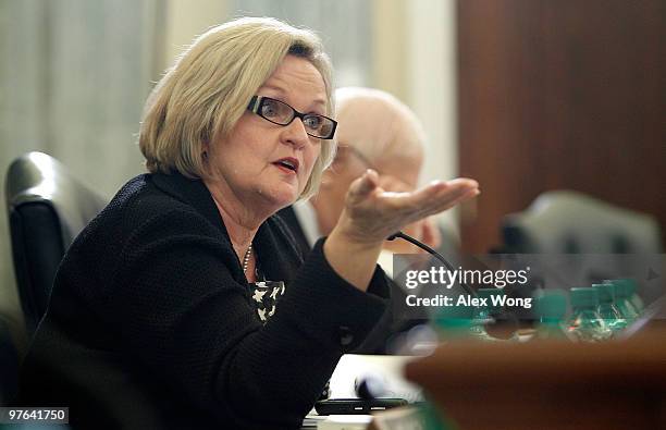 Sen. Claire McCaskill speaks during a hearing before the Senate Commerce, Science and Transportation Committee March 11, 2010 on Capitol Hill in...