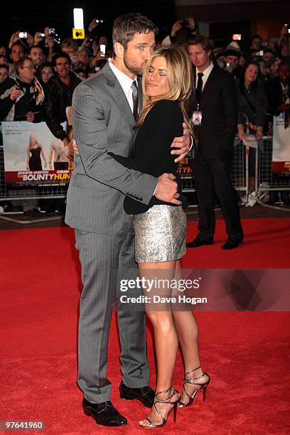 Jennifer Aniston and Gerard Butler attend the UK premiere of The Bounty Hunter held at The Vue West End on March 11, 2010 in London, England.