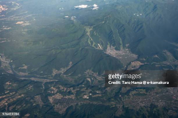 nozawaonsen village in nagano prefecture in japan daytime aerial view from airplane - 下高井郡 ストックフォトと画像