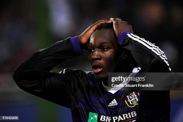 Romelu Lukaku of Anderlecht reacts during the UEFA Europa League round of 16 first leg match between Hamburger SV and Anderlecht at HSH Nordbank...