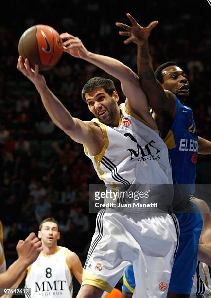 Felipe Reyes, #9 of Real Madrid in action during the Euroleague Basketball 2009-2010 Last 16 Game 6 between Real Madrid vs Maccabi Electra Tel Aviv...