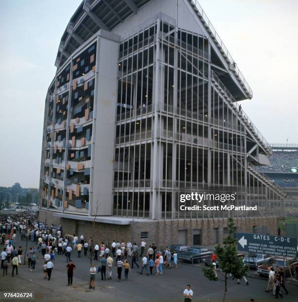 New York City - Elevated view of people outside of Shea Stadium. They were there for a New York Mets game.