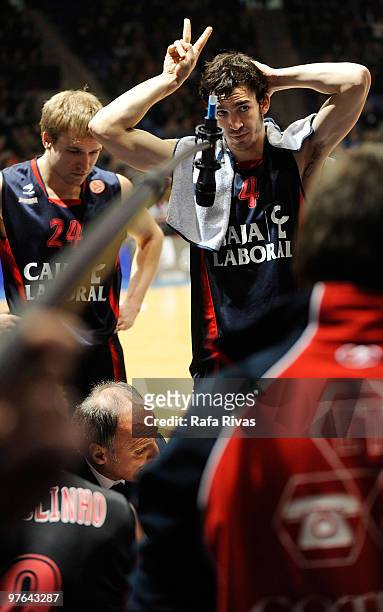 Pau Ribas, #4 of Caja Laboral gestures during the Euroleague Basketball 2009-2010 Last 16 Game 6 between Caja Laboral vs Cibona Zagreb at Fernando...