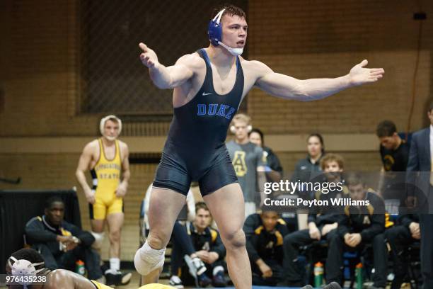 Jacob Kasper of Duke Blue Devils wrestles on January 17, 2017 at Card Gymnasium in Durham, North Carolina.