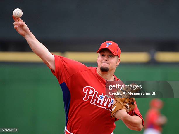 Pitcher Joe Blanton of the Philadelphia Phillies pitches against the Detroit Tigers March 11, 2010 at the Bright House Field in Clearwater, Florida.