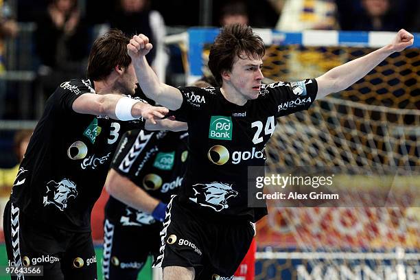 Patrick Groetzki of Rhein-Neckar Loewen celebrates a goal during the Toyota Handball Bundesliga match between Rhein-Neckar Loewen and MT Melsungen at...