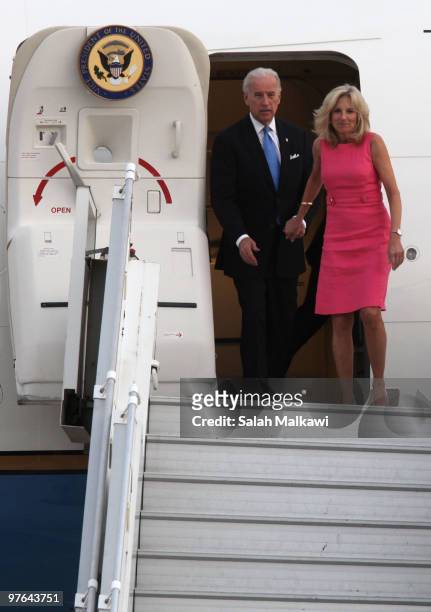 Vice President Joe Biden and his wife Jill Biden, arrive at Amman Airport on March 11, 2010 in Amman, Jordan. Biden's currently on tour of the middle...