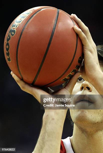 Jorge Brian Diaz of the Nebraska Cornhuskers shoots a free throw in the first half while taking on the Texas A&M Aggies during the quarterfinals of...