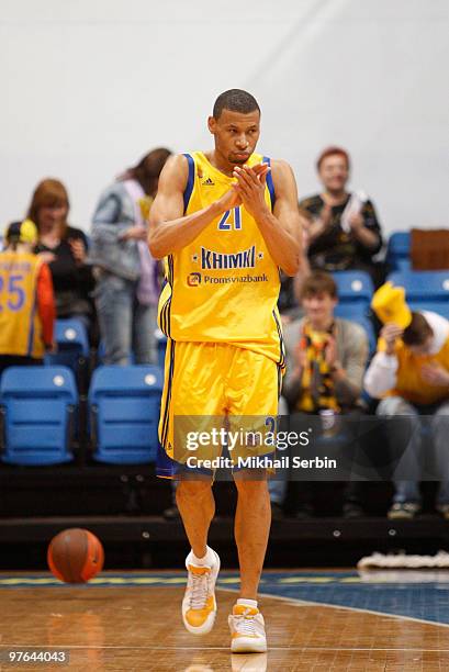 Kelly McCarty, #21 of BC Khimki Moscow Region after the Euroleague Basketball 2009-2010 Last 16 Game 6 between BC Khimki Moscow Region vs Olympiacos...