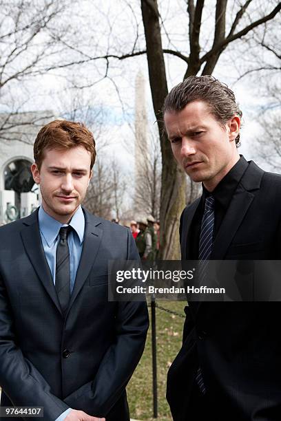 Actors James Badge Dale and Joe Mazzello, stars of HBO's "The Pacific," talk with the media following a World War II Memorial ceremony to pay tribute...