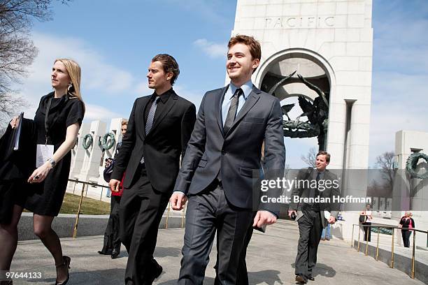 Actors James Badge Dale and Joe Mazzello , stars of HBO's "The Pacific," walk from the World War II Memorial following a ceremony to pay tribute to...