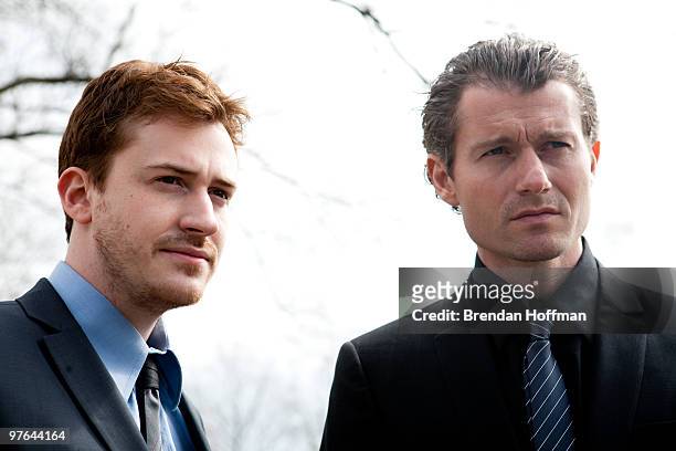 Actors James Badge Dale and Joe Mazzello , stars of HBO's "The Pacific," talk with the media following a World War II Memorial ceremony to pay...