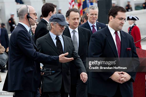 Actor Tom Hanks and director Steven Spielberg arrive for a World War II Memorial ceremony to pay tribute to World War II veterans of the Pacific on...