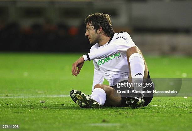 Angel Dealbert of Valencia looks on during the UEFA Europa League round of 16 first leg match between Valencia and SV Werder Bremen at Mestalla...