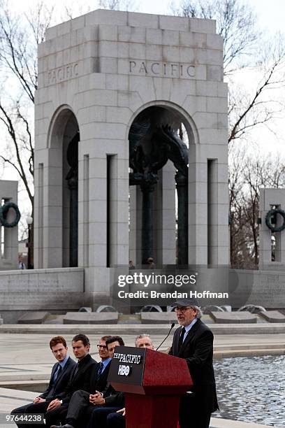 Director Steven Spielberg addresses a World War II Memorial ceremony to pay tribute to World War II veterans of the Pacific on March 11, 2010 in...