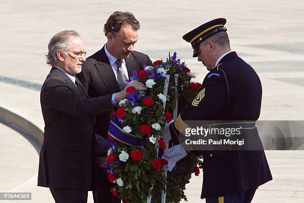 Executive producer and director Steven Spielberg and actor Tom Hanks participate in a laying wreath ceremony at a World War II Memorial Ceremony...