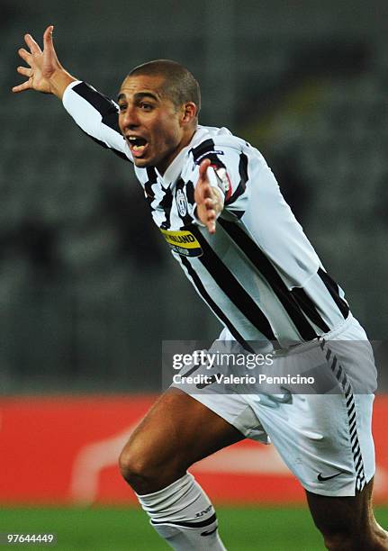 David Trezeguet of Juventus FC celebrates his goal during the UEFA Europa League last 16, first leg match between Juventus FC and Fulham FC on March...