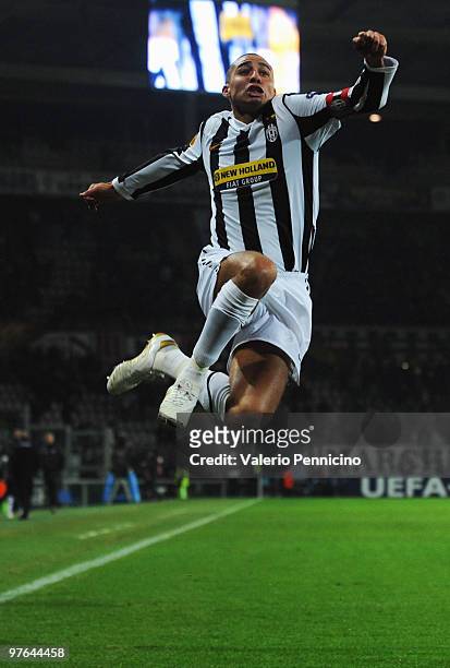 David Trezeguet of Juventus FC celebrates his goal during the UEFA Europa League last 16, first leg match between Juventus FC and Fulham FC on March...