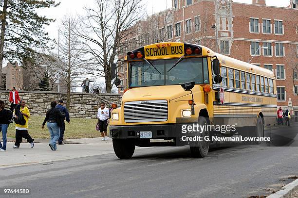 Students prepare to leave on a school bus from Westport High School on March 11, 2010 in Kansas City, Missouri. The High School is among 29 in a...