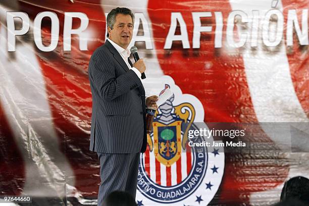 President of Chivas Guadalajara Jorge Vergara during the presentation of the club's new shield at Verde Valle on March 11, 2010 in Guadalajara,...