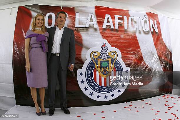 President of Chivas Jorge Vergara and Angelica Fuentes during the presentation of the club's new shield at Verde Valle on March 11, 2010 in...