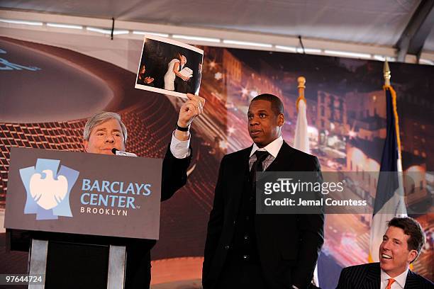 Brooklyn Borough President Marty Markowitz jokes onstage with rapper and Nets Investor Shawn "Jay-Z"Carter at the ceremonial groundbreaking for...