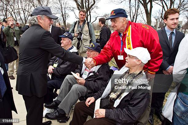 Steven Spielberg meets and greets vertrans at a World War II Memorial Ceremony paying tribute to the vetrans of the Pacific at the National World War...