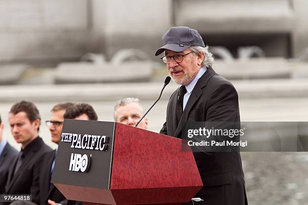 Director Steven Spielberg speaks at the podium at a World War II Memorial Ceremony paying tribute to the vetrans of the Pacific at the National World...