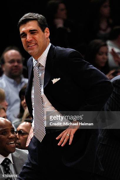 Head coach Jay Wright of the Villanova Wildcats reacts from the bench against the Marquette Golden Eagles during the quarterfinal of the 2010 NCAA...